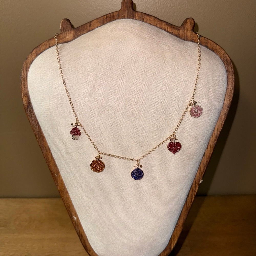 Gold Tone Multi Charm Glitter Necklace Mushroom Heart Fruit Whimsical Jewelry